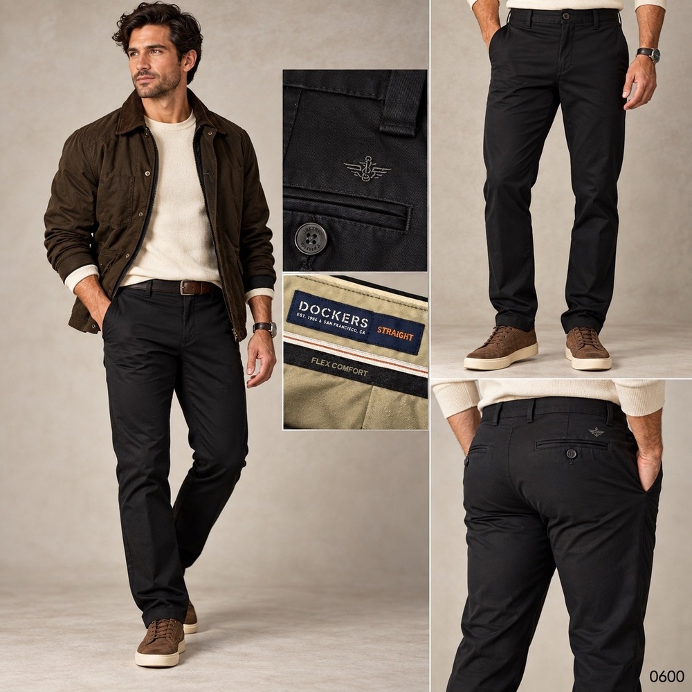 Dockers Mens Signature Khaki Straight Fit Flex Comfort Black Pants 38x30 0600